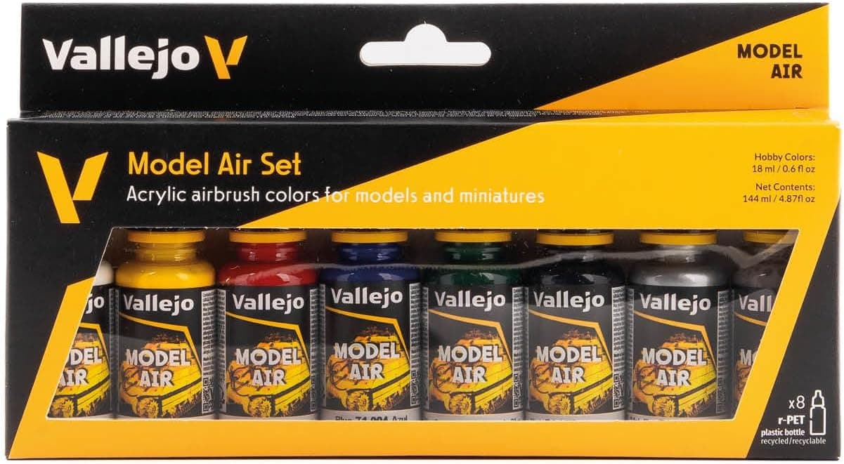 Vallejo - Model Air Basic Colors - Acrylic Paint Set, Pre-Thinned Airbrush-Ready Formula, 8 Basic Shades, Non-Toxic Water-Based Pigments