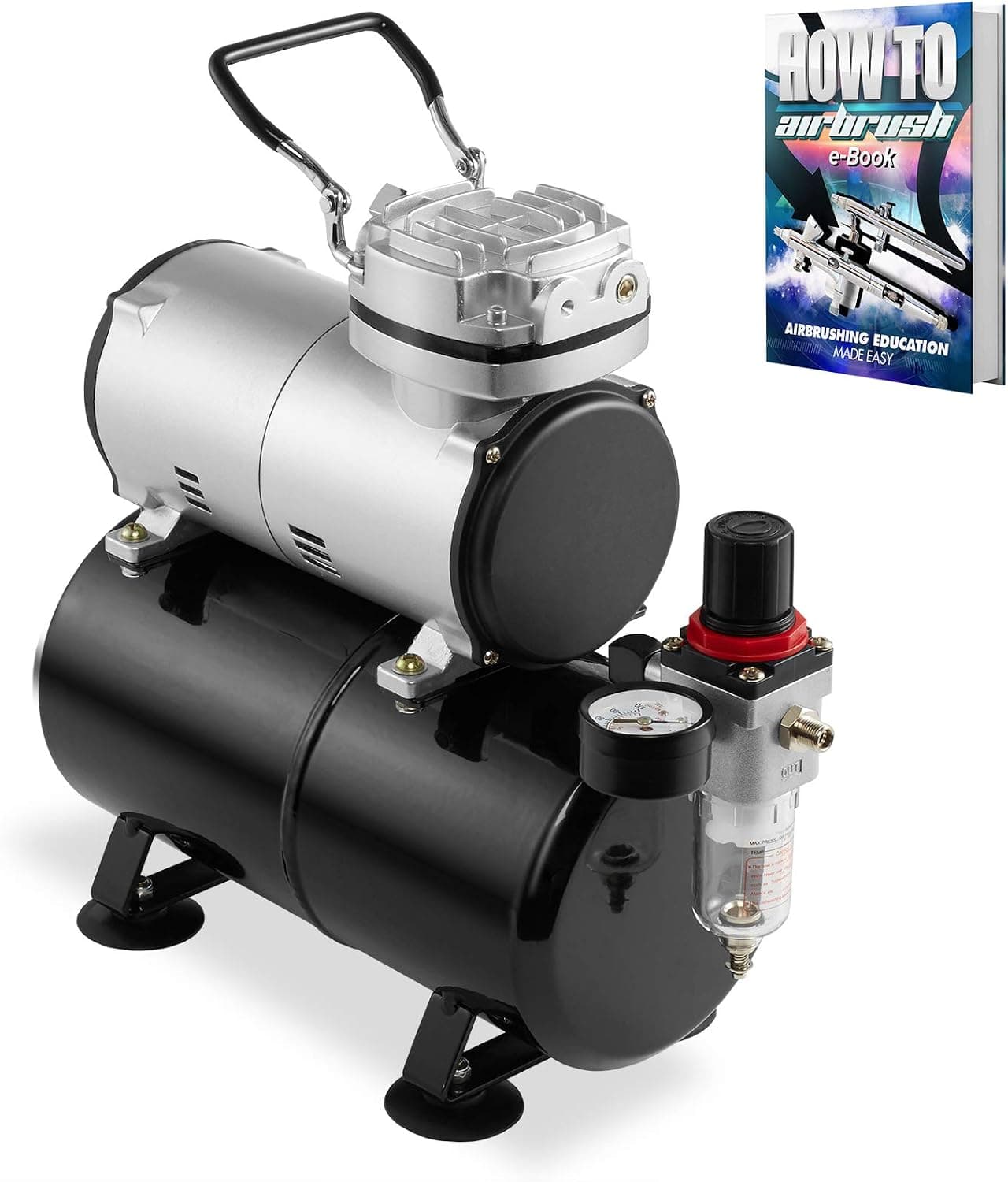 PointZero 1/5 HP Airbrush Compressor with Air Tank, Regulator, Gauge and Water Trap - Quiet Portable Pump Silver