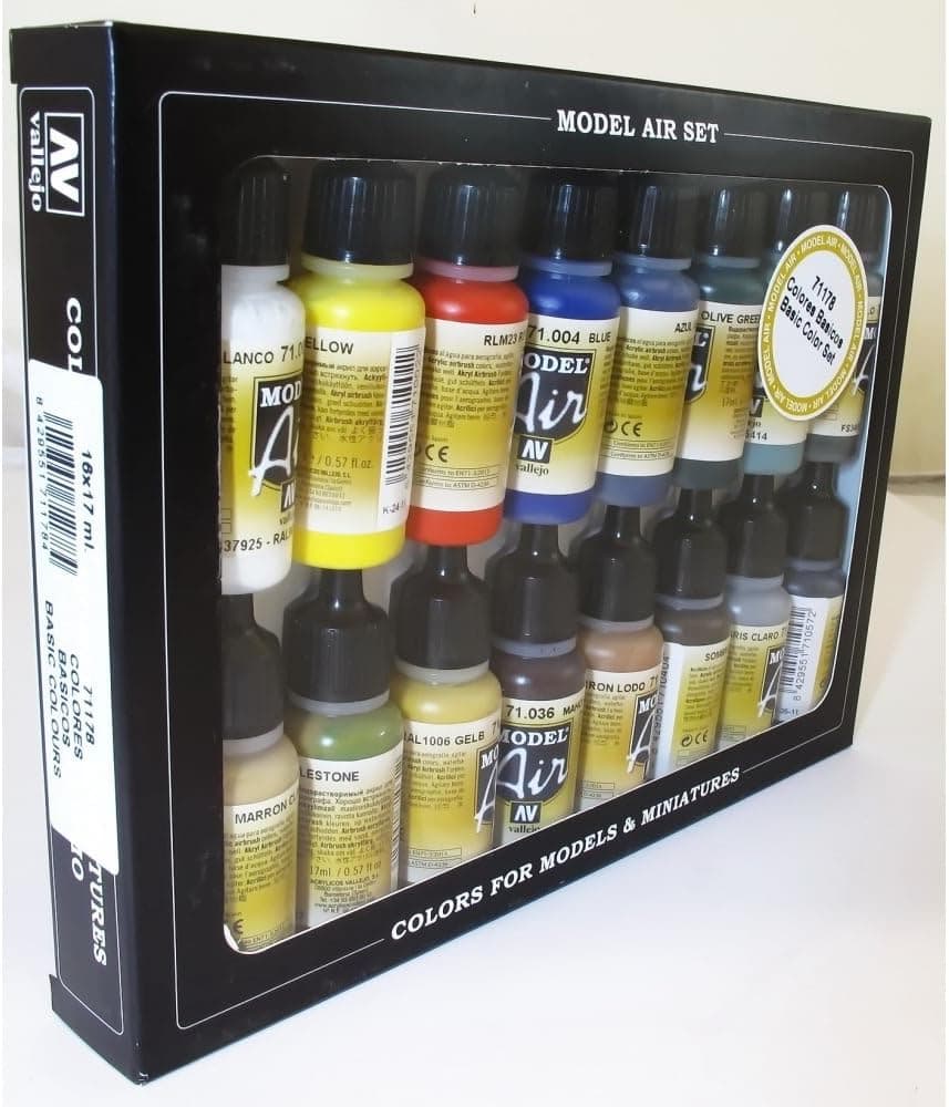 Vallejo Basic Colors: Acrylic 16 Airbrush Paint Set for Model & Hobby 71178, 0.57 Fl Oz (Pack of 16)