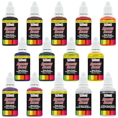 U.S. Art Supply Airbrush Paint Set, 12 Color Transparent, 1-oz Bottles