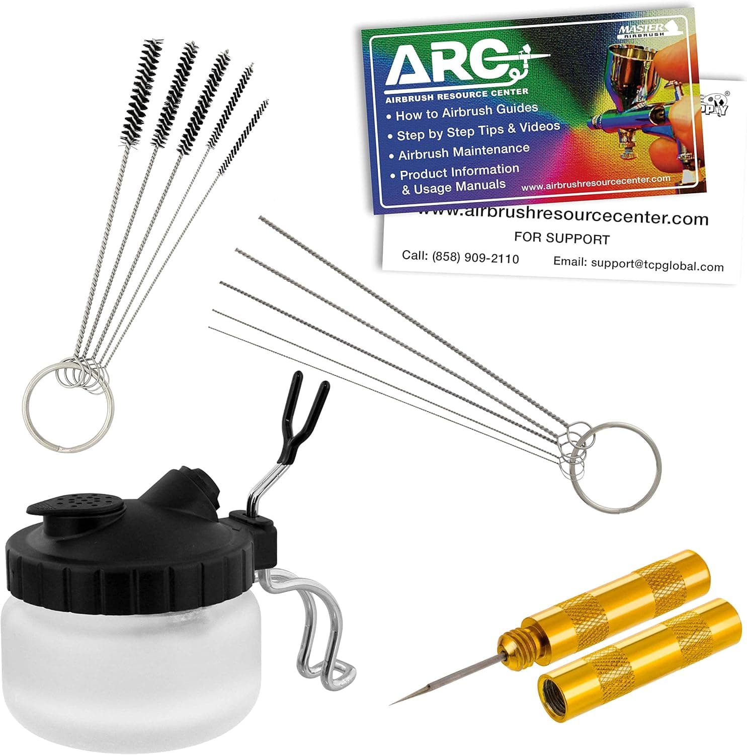 Master Airbrush 13 Piece Airbrush Cleaning Kit - Glass Cleaning Pot Jar with Holder, 5 pc Cleaning Needles, 5 pc Cleaning Brushes, 1 Wash Needle