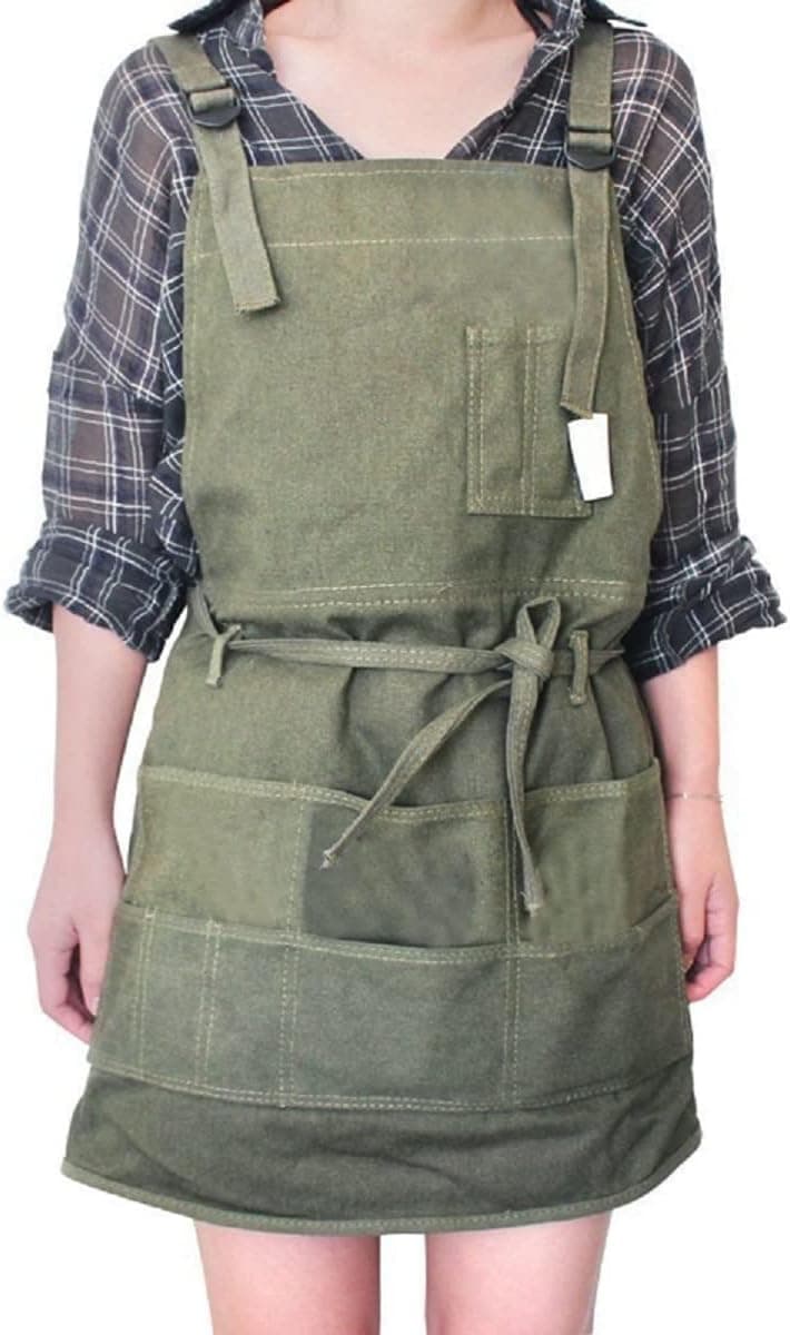 Artist Canvas Apron with Pockets, Painting Apron Adjustable Neck Strap/Waist Ties, Painter Apron for Women Men M-XXL