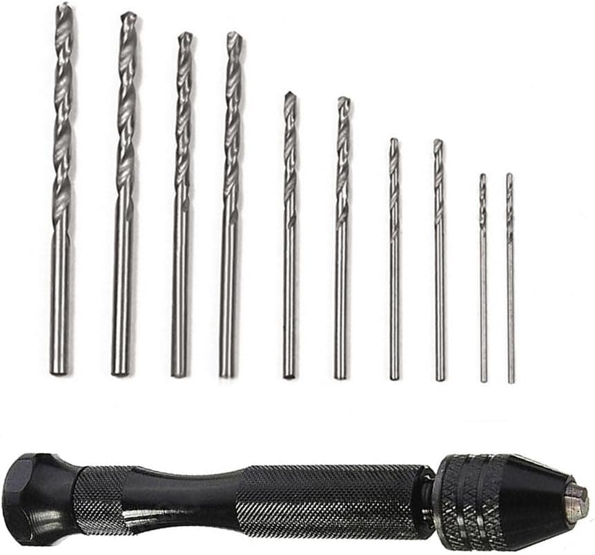 Pin Vise - Small Hand Drill with Mini Micro Twist Drill Bits Set of 11, for Models Hobby and Jewelry