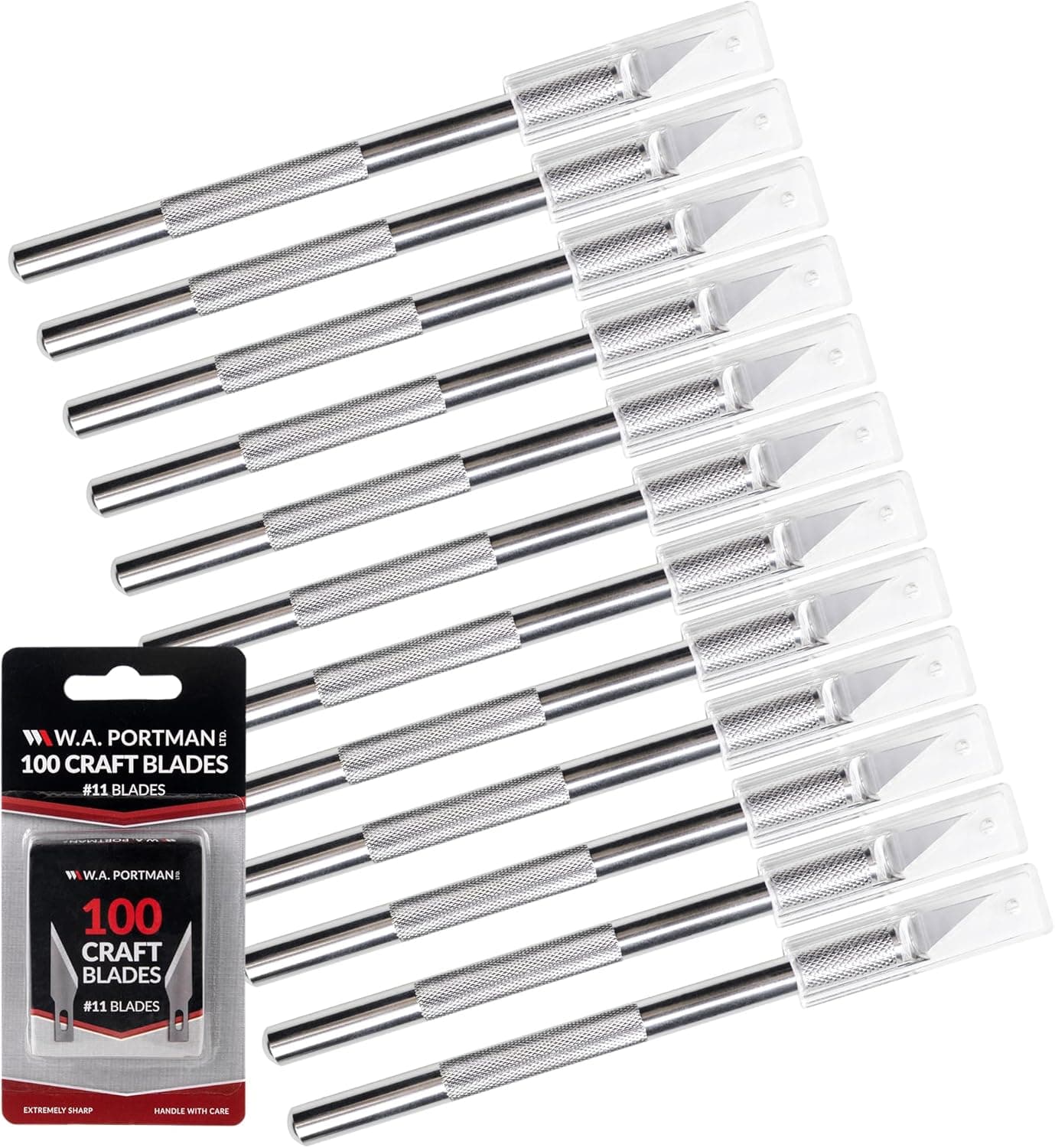 WA Portman Hobby Knife Set, 12pc Precision Craft Knife Set with 100 Blades | Bulk Exacto Knife 100pc SK5 #11 Steel Xacto Knife Blades