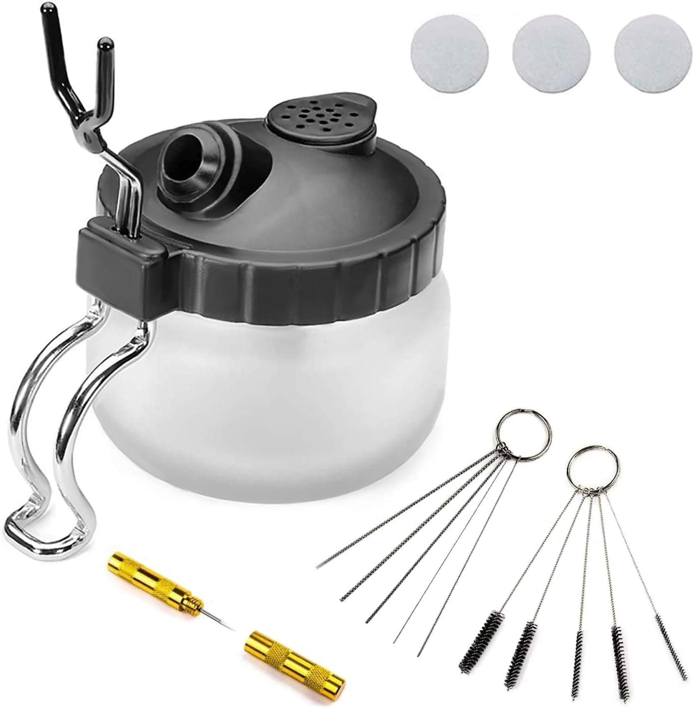 4 Set Airbrush Cleaning Kit Airbrush Cleaning Pot with Air Filter Mat and Holder, Nozzle Cleaning Needle, 5pcs Brushes Set, 5pcs Dredging Needles Kit