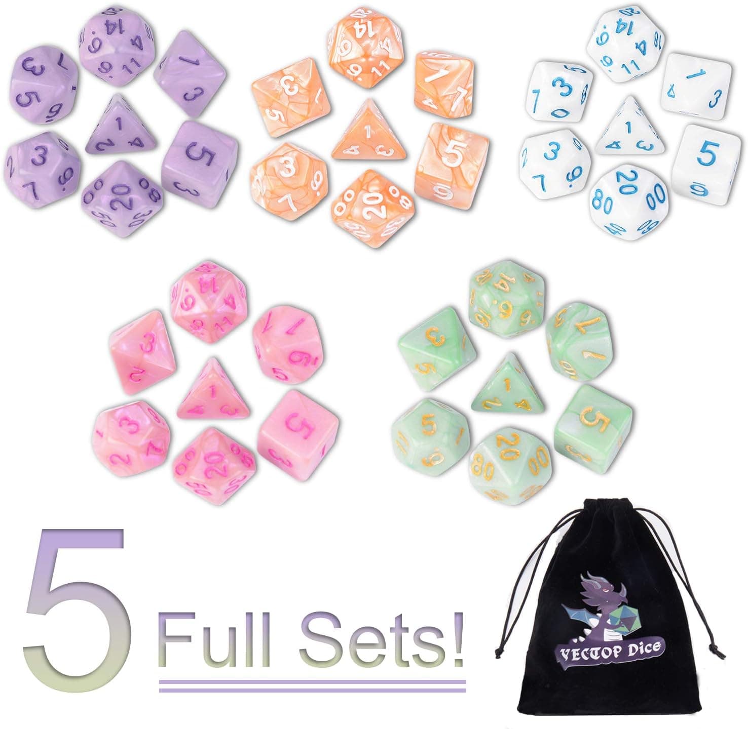 DND Dice, 5 x 7 Sets (35 Pieces) Polyhedron Dice Set for Dungeons & Dragons RPG with 1 Free Pouch