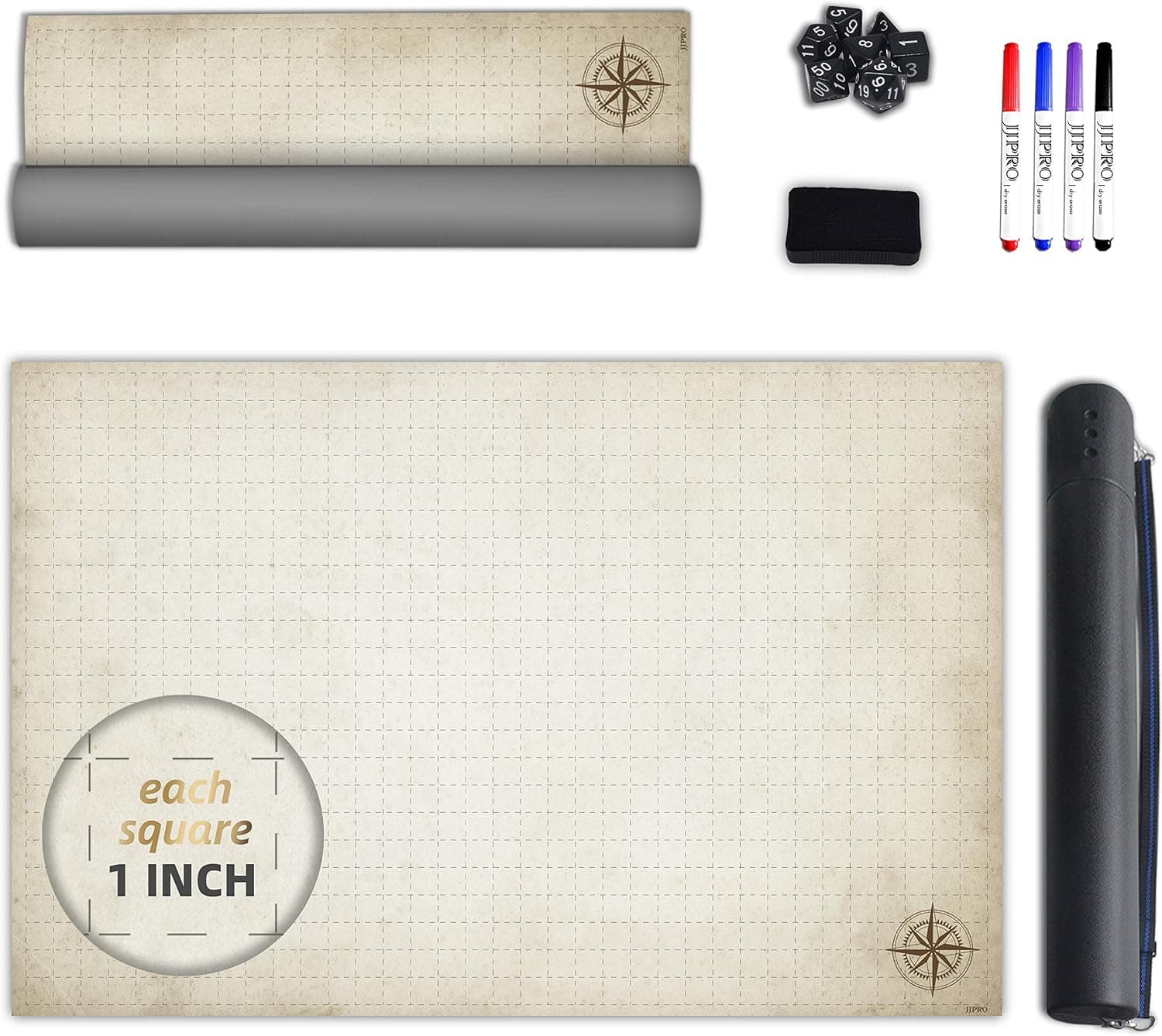 Battle Grid Game Mat - 24 x 36 Inch Vinyl Game Mat with Portable Storage Tube, Markers, Eraser and Dice Set