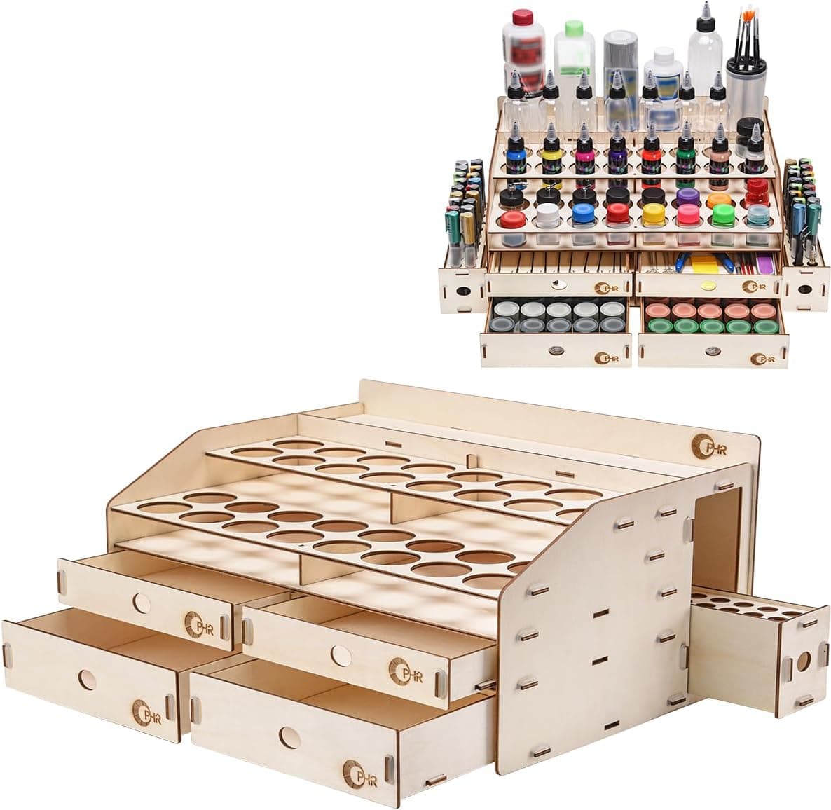 OPHIR Wooden Paint Rack Organizer with 32 Bottle Holes, Hobby Paint Storage Holder Includes 4 Drawers, 2 Marker Pen Cases