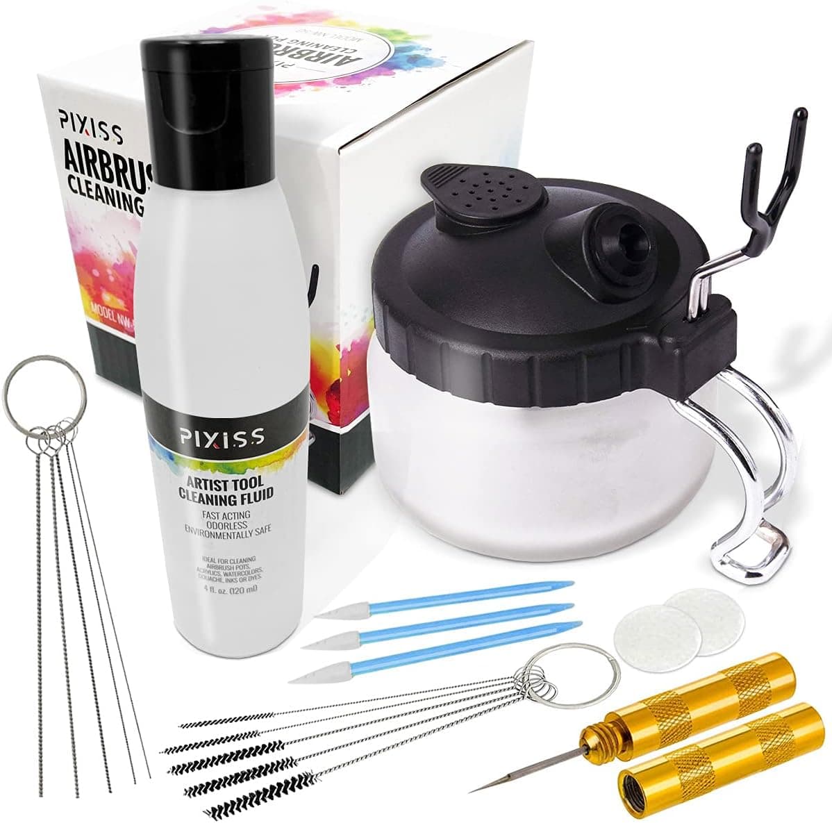 Pixiss Airbrush Cleaner Kit With Brush Cleaner Solution - Ultimate Airbrush Cleaning Kit, Holder, and Pot