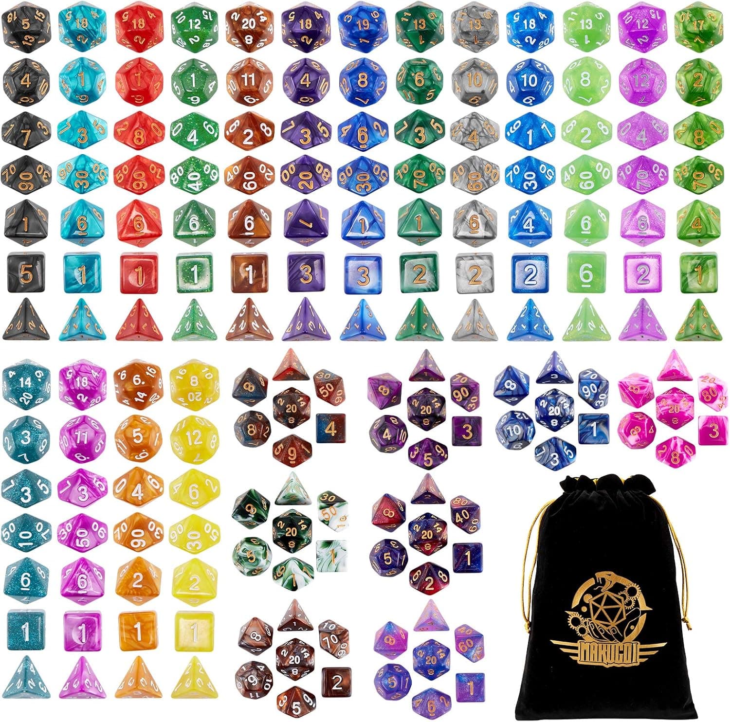 DND Dice Set, 25 X 7 Polyhedral Dice (175 Pieces) in 25 Colors with 1 Large Flannel Bag
