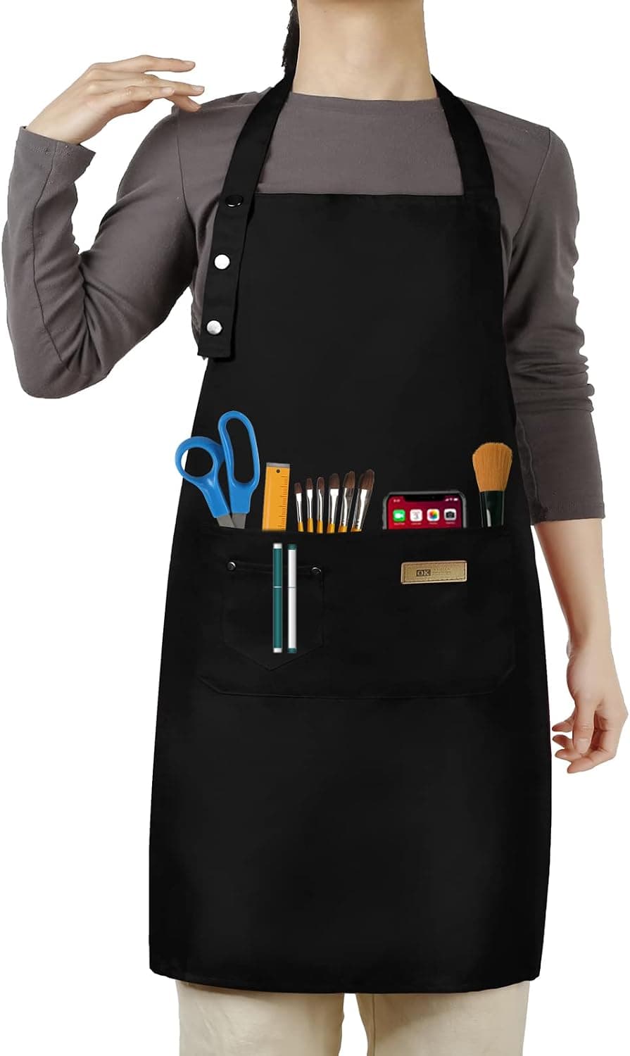 Hongsome Artist Apron, Paint Garden Pottery Teacher Painting Apron for Adults with 3 Pockets, Adjustable Bib Apron, Black