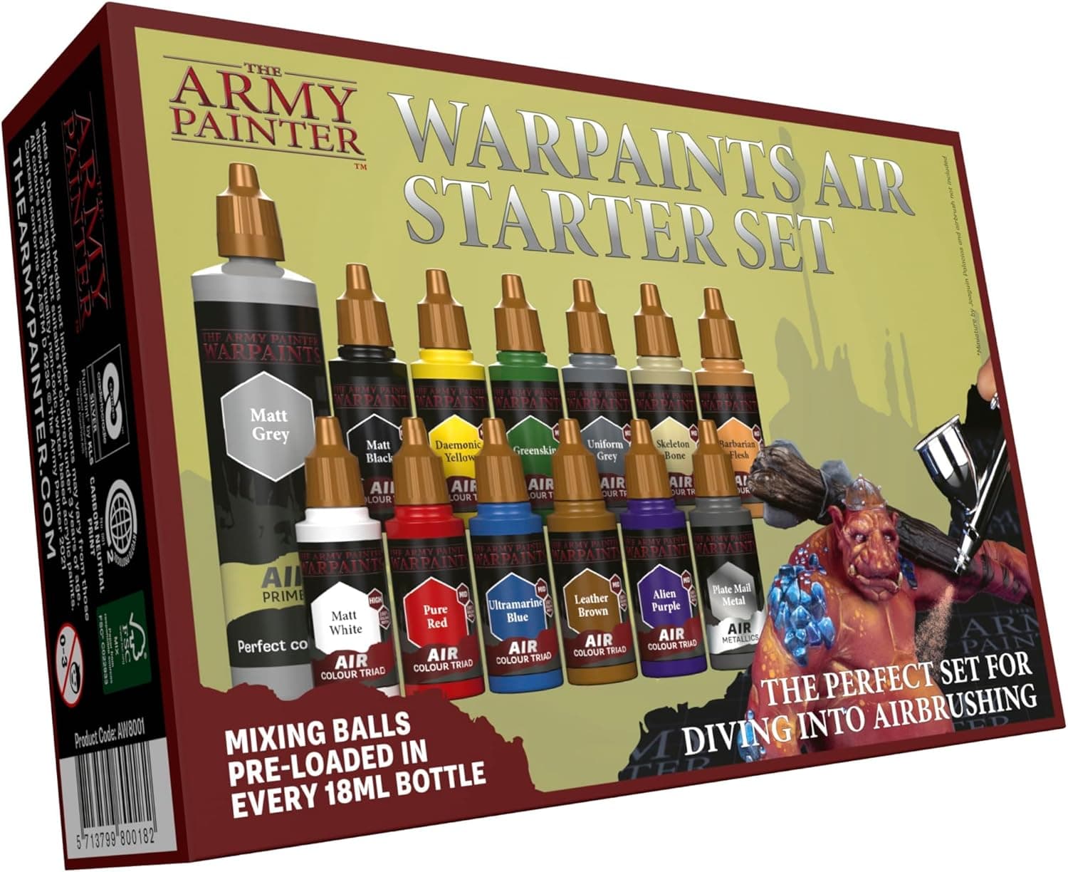 The Army Painter Warpaints Air Starter Set, 12 x 18 mL Pre-Thinned Acrylic Airbrush Paints, incl. 1 Metallic & 1 Grey 100 mL Primer