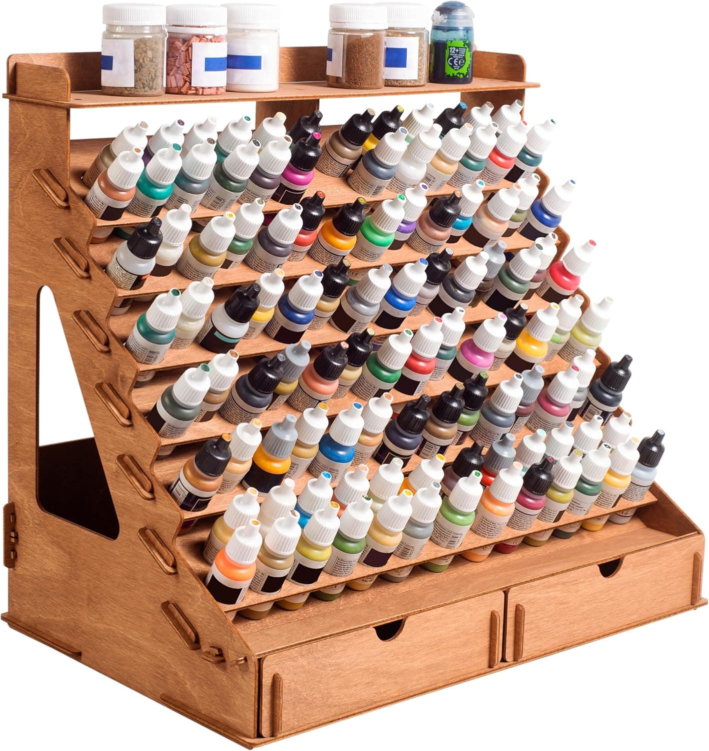 Plydolex Plywood Storage Rack - 105 Bottle Holes for 17 ml Vallejo Paints, 14 Paintbrush Slots, 6 Miniature Stands, 2 Drawers