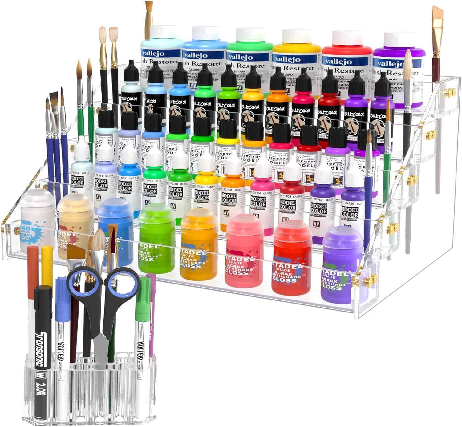 NPPLUS Acrylic Paint Organizer with Paint Brush Holder, Paint Rack Storage for Craft Paint, Miniature Paints, Citadel Paint (Large)