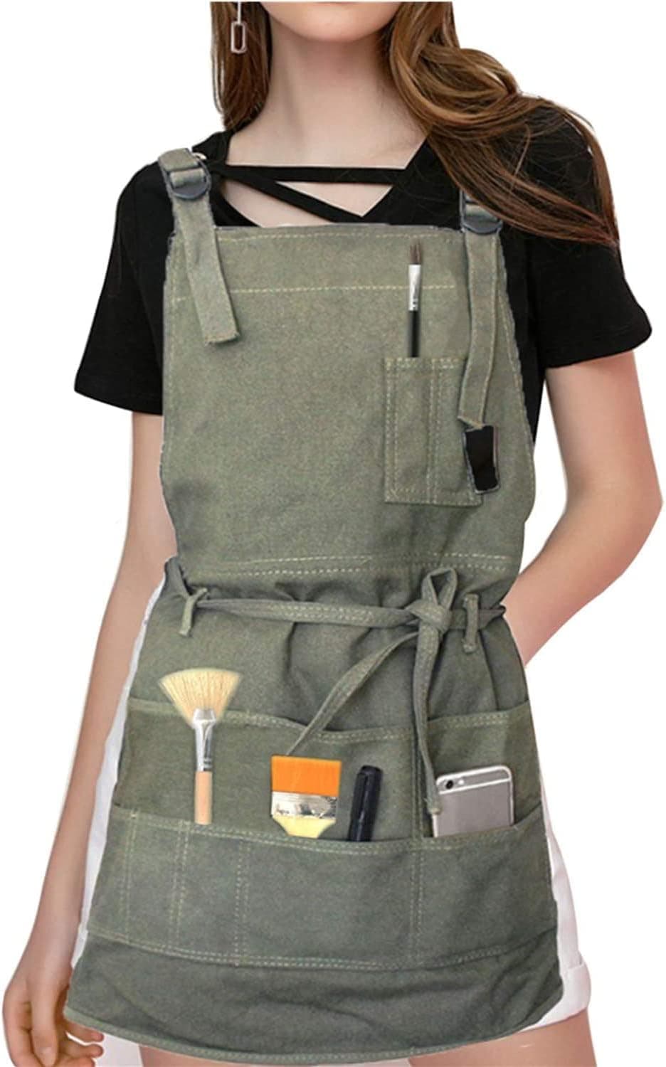 VONLUXE Adjustable Artist Apron with Pockets for Women, Painter Canvas Apron for Arts Gardening Utility or Work