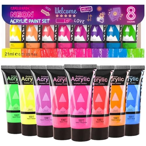AUREUO Neon Acrylic Paint Set - 8 Fluorescent Colors x 0.71 Fl Oz / 21ml | Art Paint Tubes for Crafts Decor Rich Pigments Non-toxic Painting Supplies for Artists Hobby Painters Adults