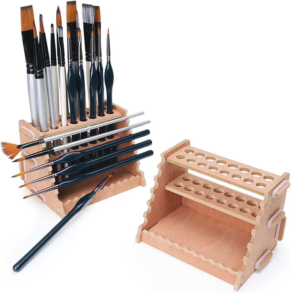 tinctor Wooden Paint Brush Holder for 44 Brushes - Desk Stand Paintbrush Organizer, Holding Rack