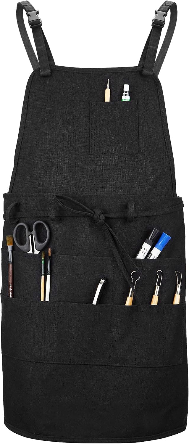 MyLifeUNIT Artist Apron, Adjustable Painting Apron with 10 Pockets, Black Canvas Pottery Apron (Shoulder Straps)