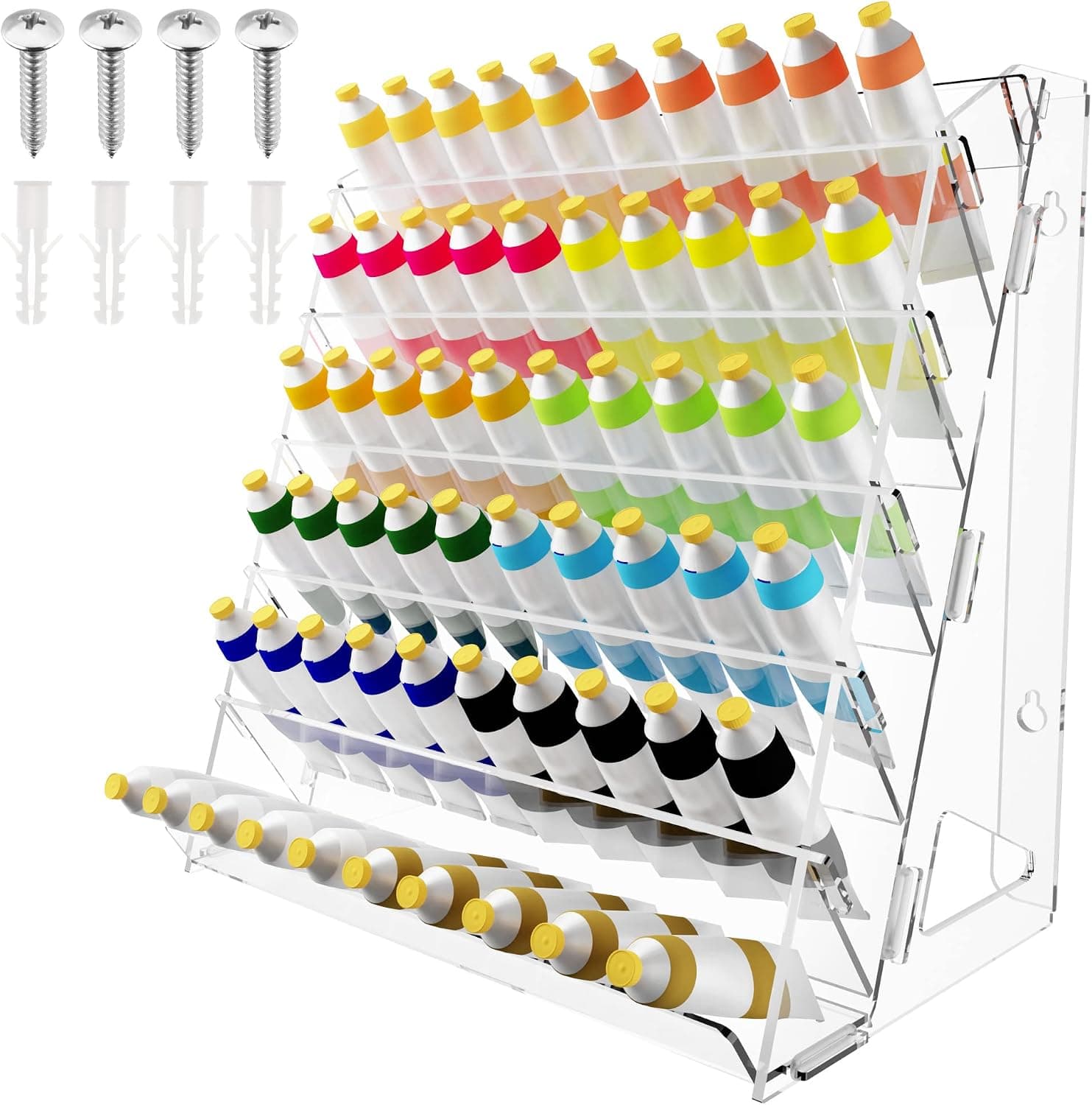 Acrylic Paint Organizer Wall Mount, Paint Holder for Craft Hobby Storage, Rack for 2 oz Bottles, with Brush Holder