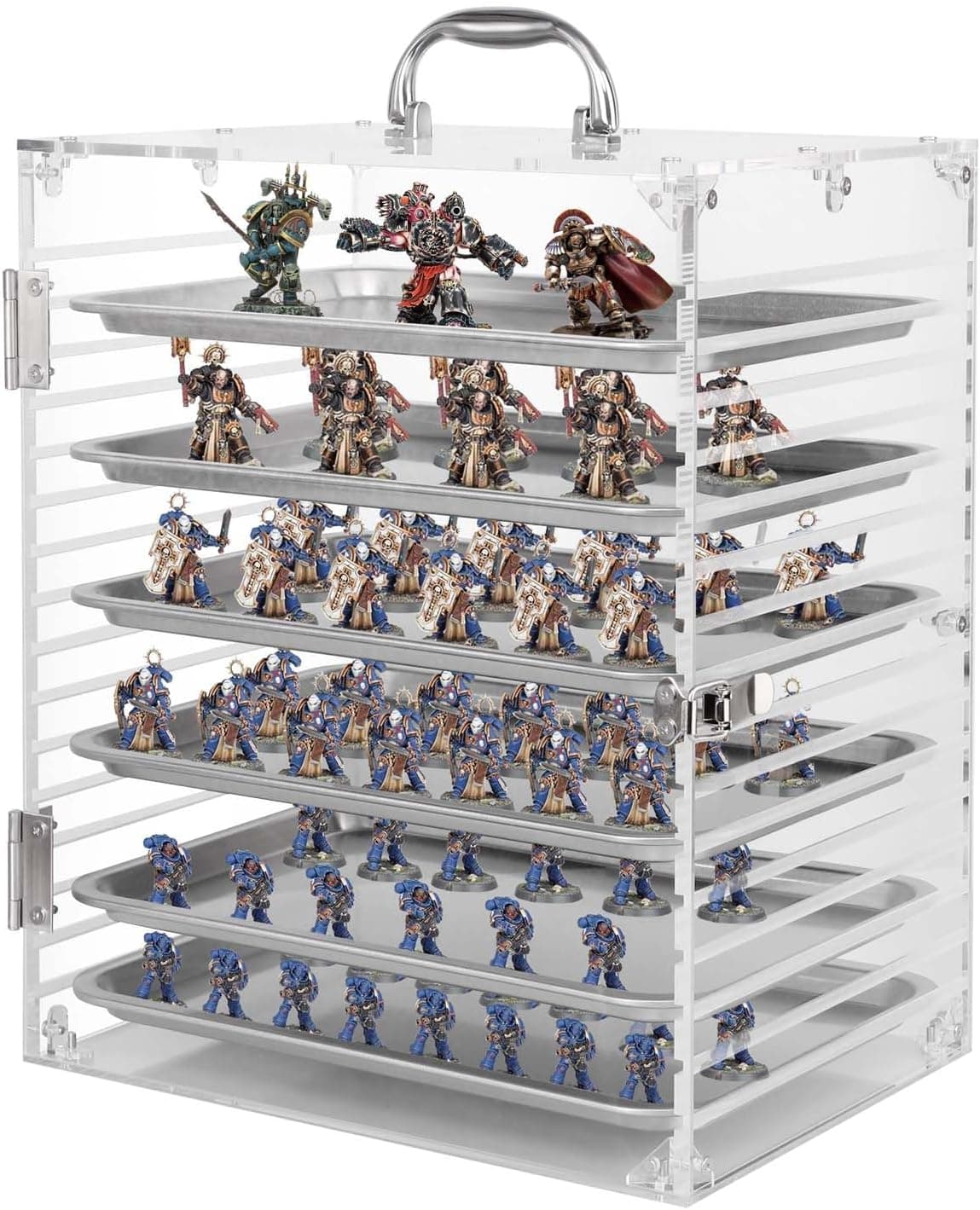 Famard Clear Acrylic Miniature Storage Case, Miniatures Carrying Case with 6 Magnetic Metal Trays, Compatible with Warhammer 40k