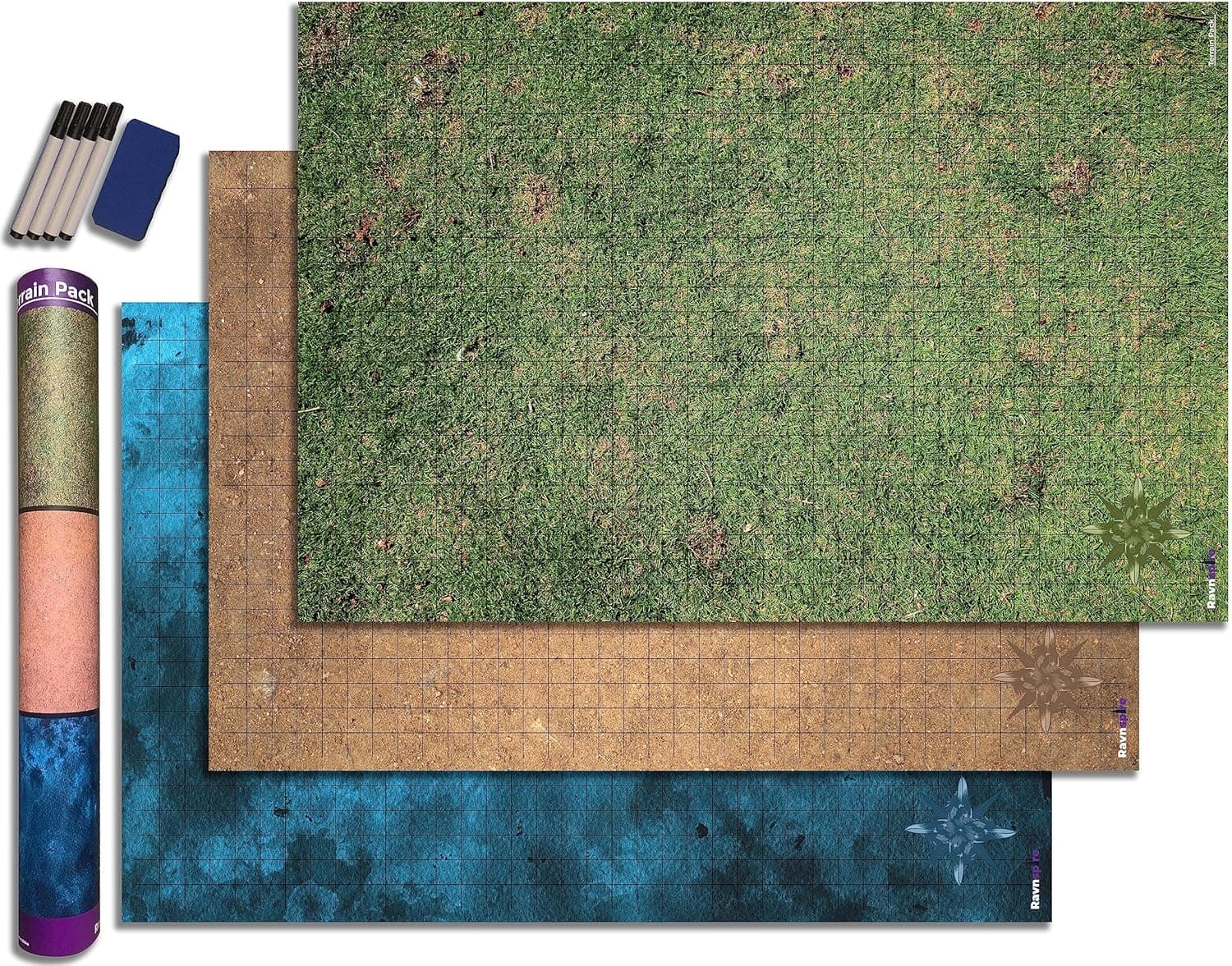 Ravnspire DND Battle Mat Ultimate 3 Pack Starter Set, 24 x 36 Inch Dry/Wet Erase Premium Vinyl Battle Grid