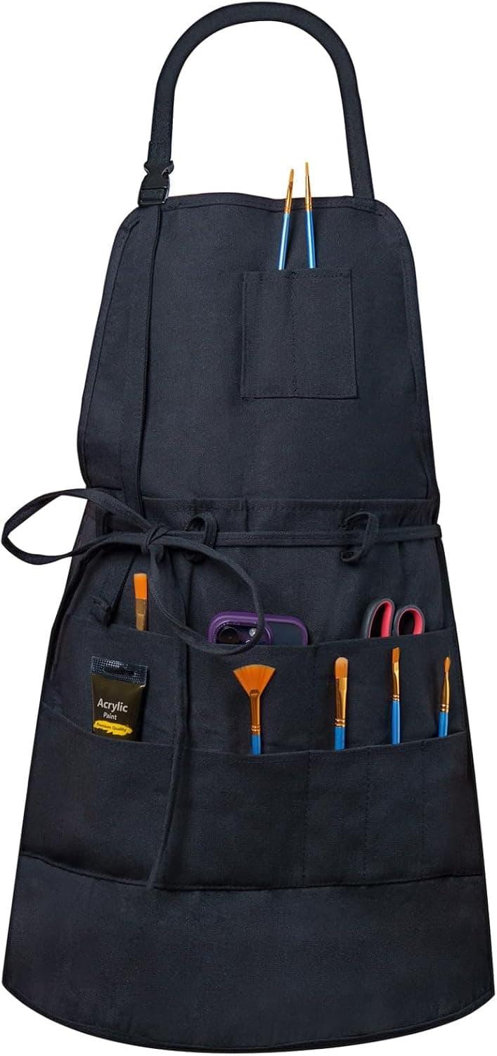 MyLifeUNIT Artist Apron with 10 Pockets for Arts and Craft, Black Canvas Pottery Apron for Women and Men