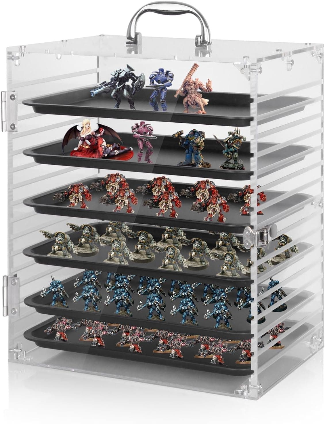 Hamtery Clear Acrylic Miniature Storage Case, Magnetic Carrying Case with 6 Metal Trays, Compatible with Warhammer 40k