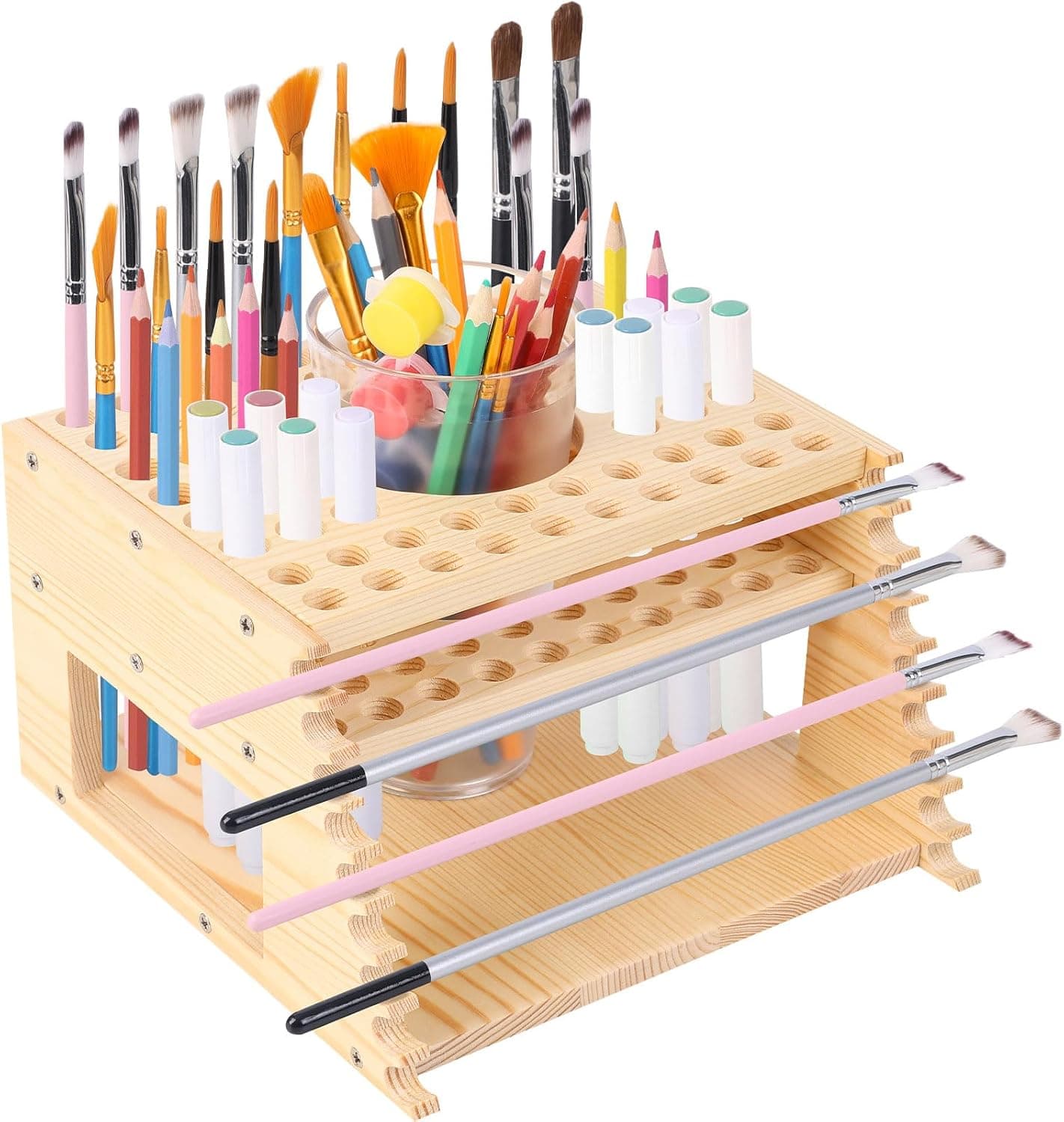 PABOBIT Wooden Paint Brush Holder - 73 Holes Paintbrush Organizer with Paint Brush Cleaner, Artist Supply Stand Rack