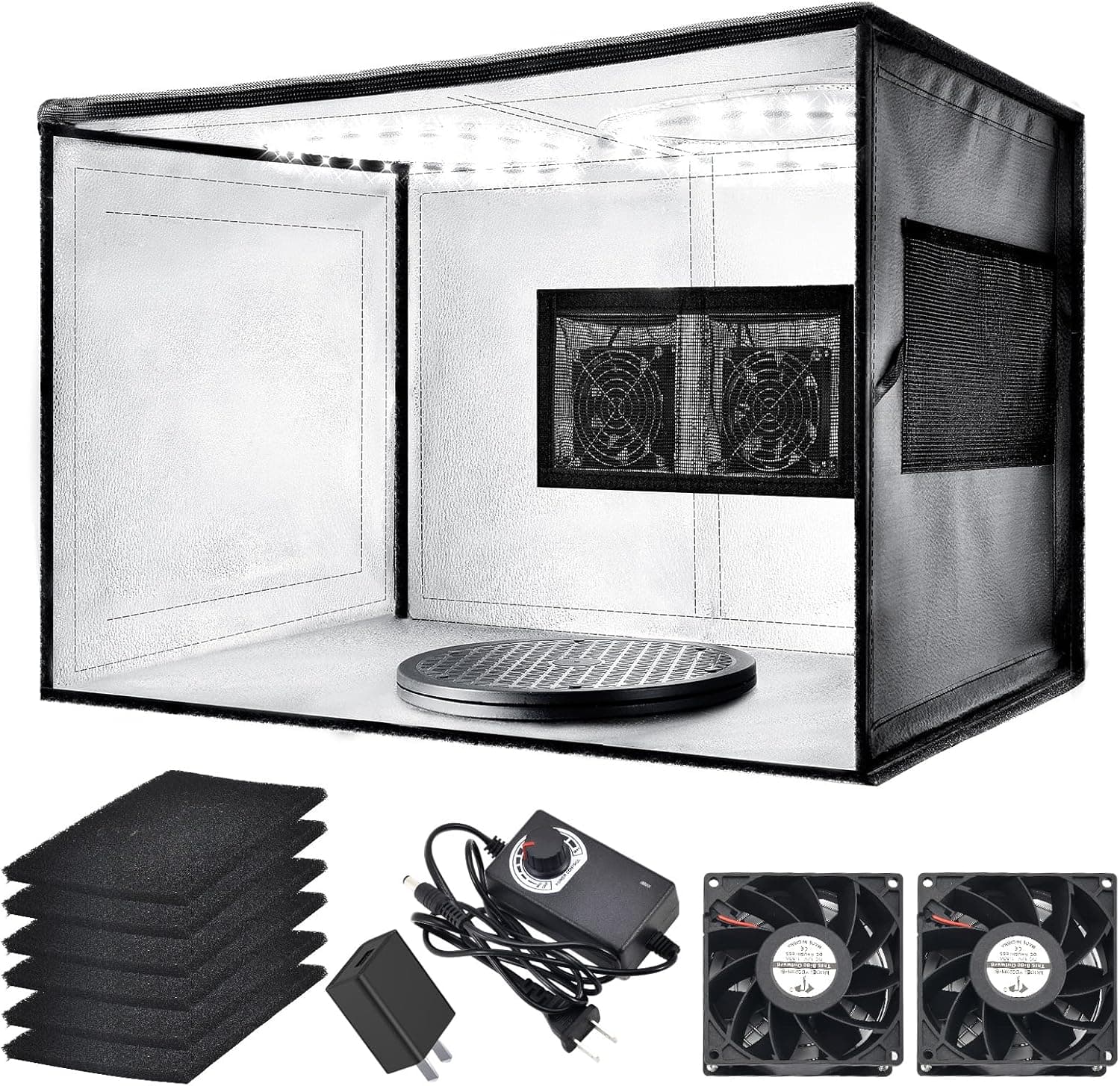 Airbrush Spray Booth with Dual Exhaust Fans, Portable Airbrush Paint Booth for Airbrushing, 2 Round Led Lights with 360 Coverage, Turntable and Extension Hose