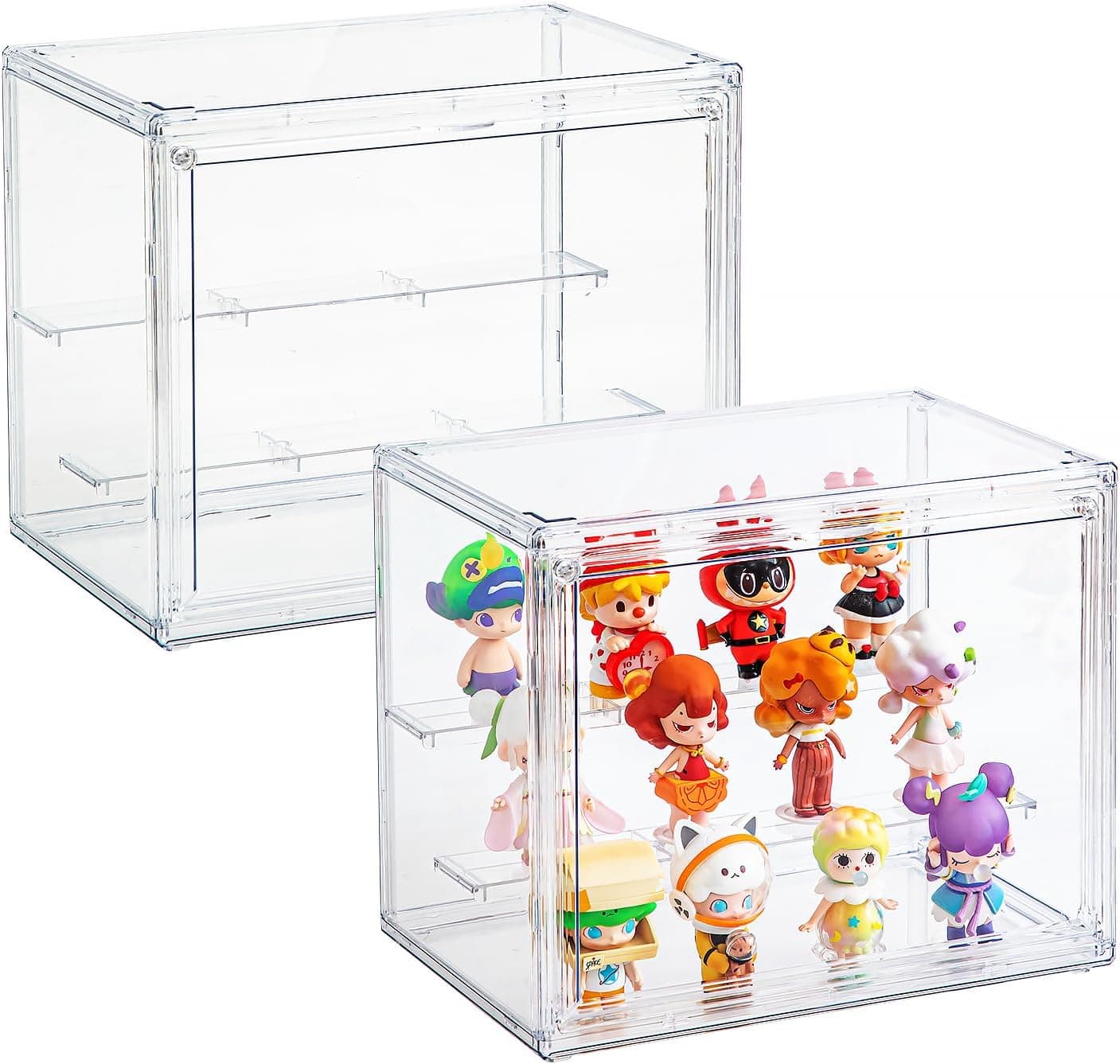 Acrylic Display Cases for Collectibles, 3 Tier Clear Shelf Boxes for Figures, Dustproof and Stackable (Small)