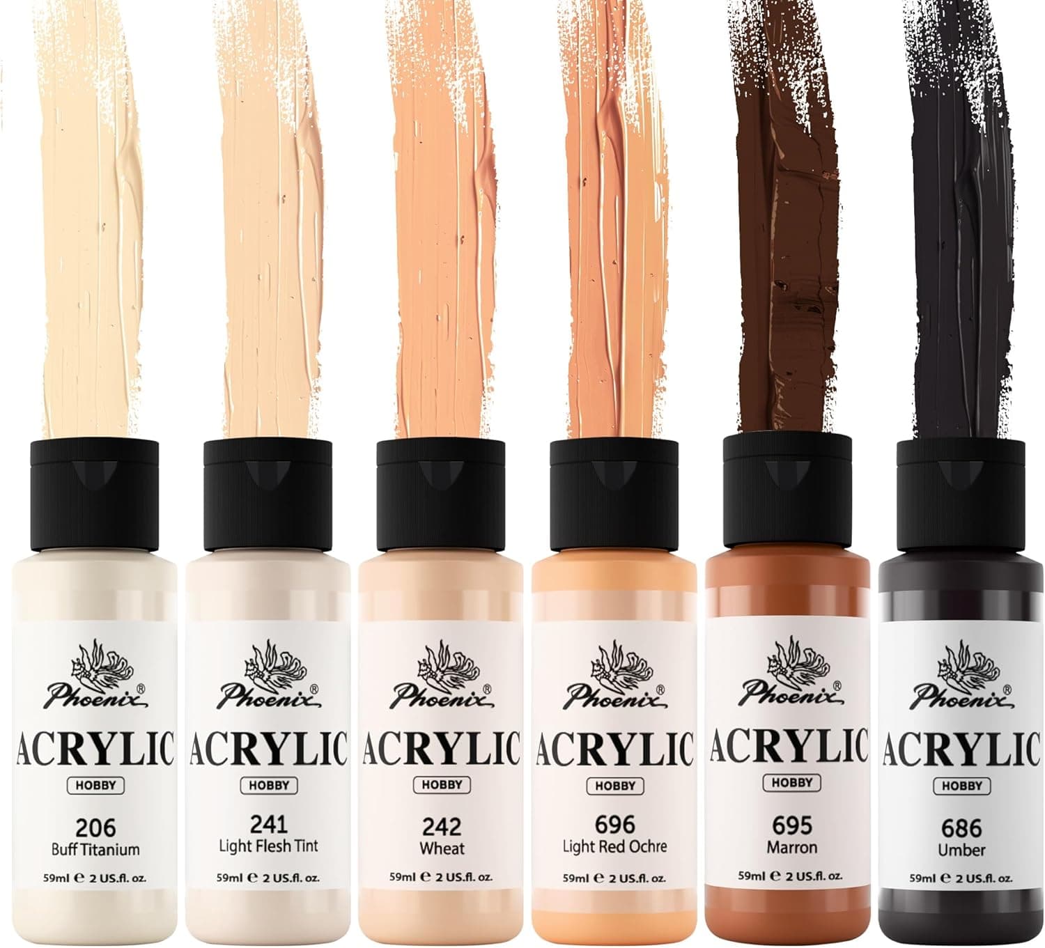 PHOENIX Skin Tone Acrylic Paint - 6 Neutral Colors x 2 Fl Oz Flesh Colored Model Paint Set
