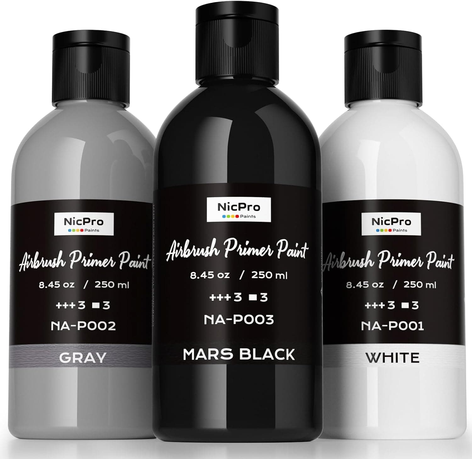 Nicpro Black, Gray, White Surface Primer Airbrush Paint (8.4oz, 250 ml), Matte Finish, Ready To Spray Acrylic Primer for Plastic Models, Miniature Figures