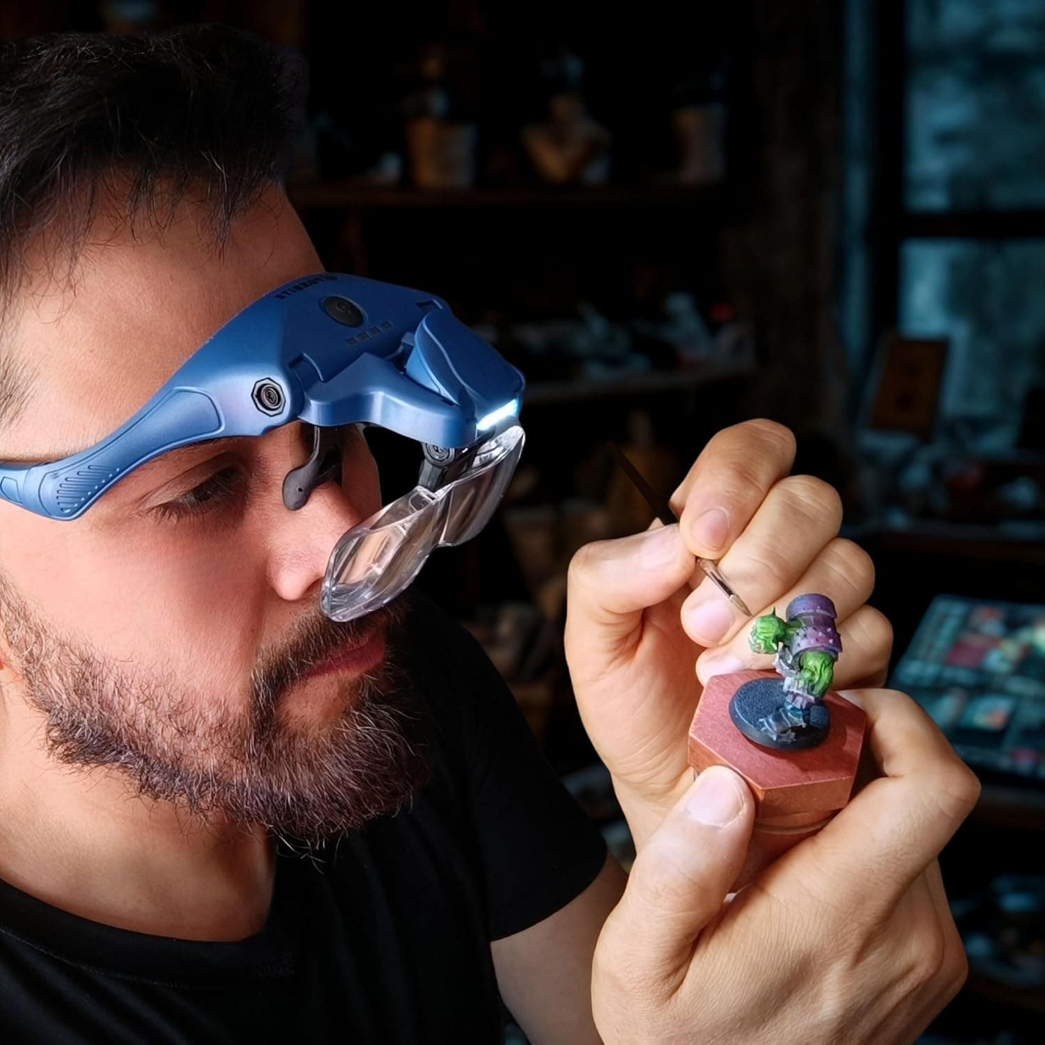 FOXBITE LED Magnifier Glasses for Miniature Painting - 5 Lenses, Dual-Brightness Light, Rechargeable Headset for Warhammer, D&D, Model Kits