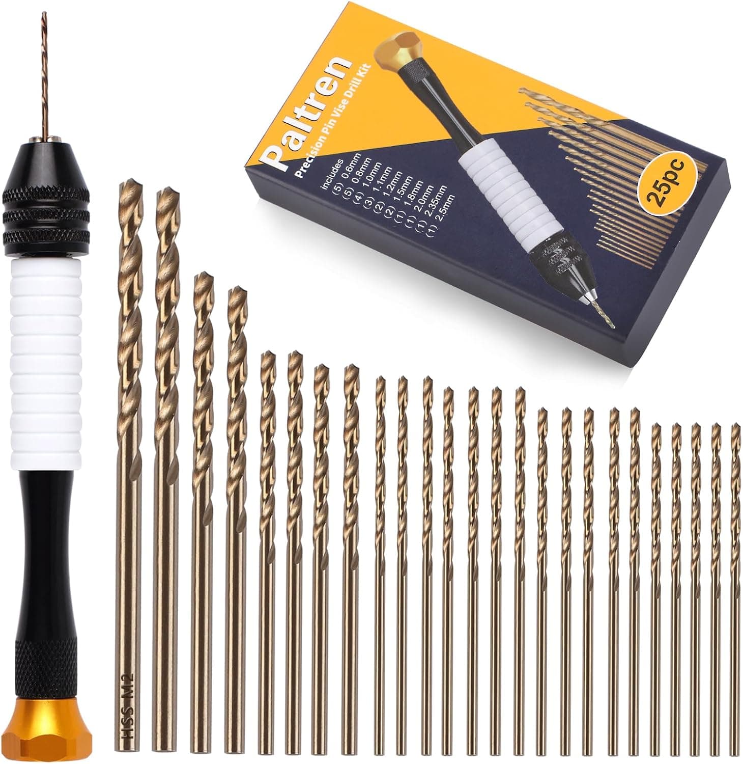 Paltren Pin Vise Hand Drill Set with 25 Micro Drill Bits (0.6-2.5mm), Precision Hobby Drill for Miniatures, Model Making, Jewelry Repair, Polymer Clay and Resin