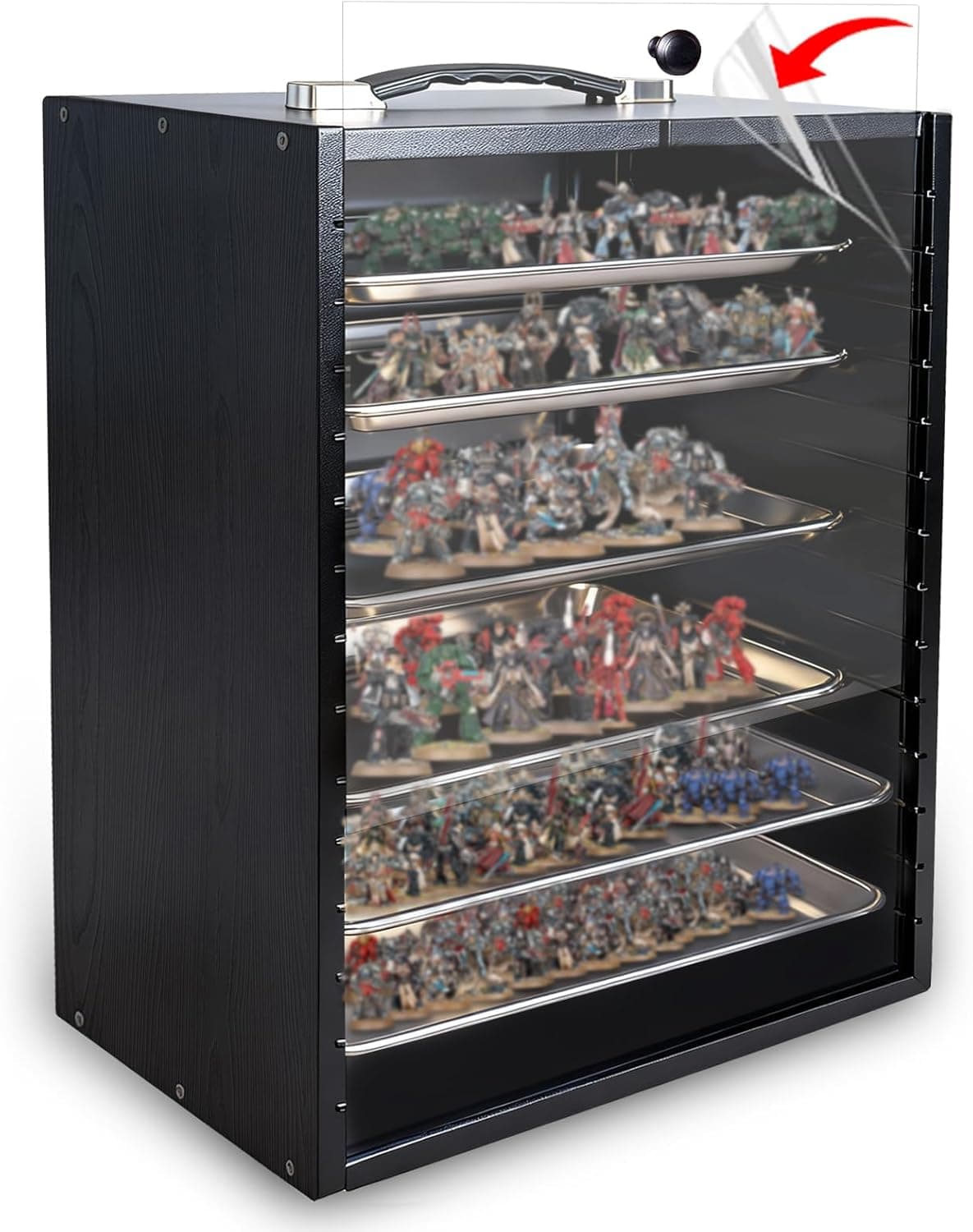 Miniature Display Case with 6 Removable Trays, Wooden Collectibles Storage Box with Clear Lid, Portable Miniatures Organizer (Black)