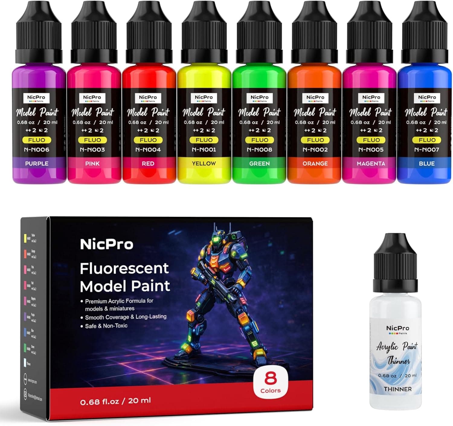 Nicpro 8 Colors Fluorescent Model Paint Set, 20ml Neon Modeling Acrylic Paints, Brush & Airbrush Compatible