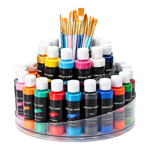 Flythww 360° Rotating Acrylic Paint Organizer with Brush Holder, Clear Paint Storage Rack for 2oz Craft Paint Bottles, Space Saving Art Supply Organizer for Acrylic Paints & Brushes