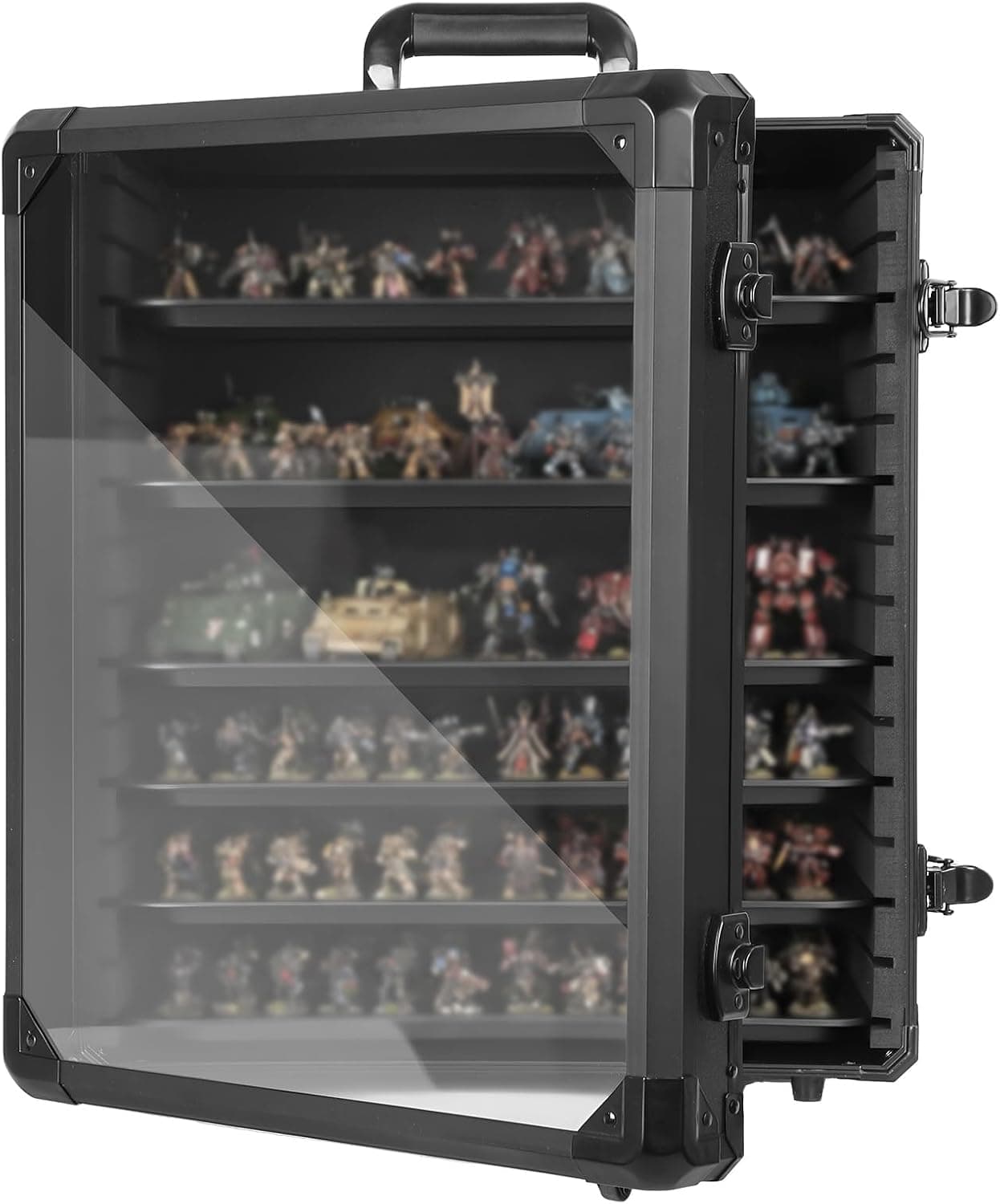 Miniature Carrying Case with 5-6 Magnetic Trays, Aluminum Alloy Frame Storage Display Case with Acrylic Door and Locks (L)