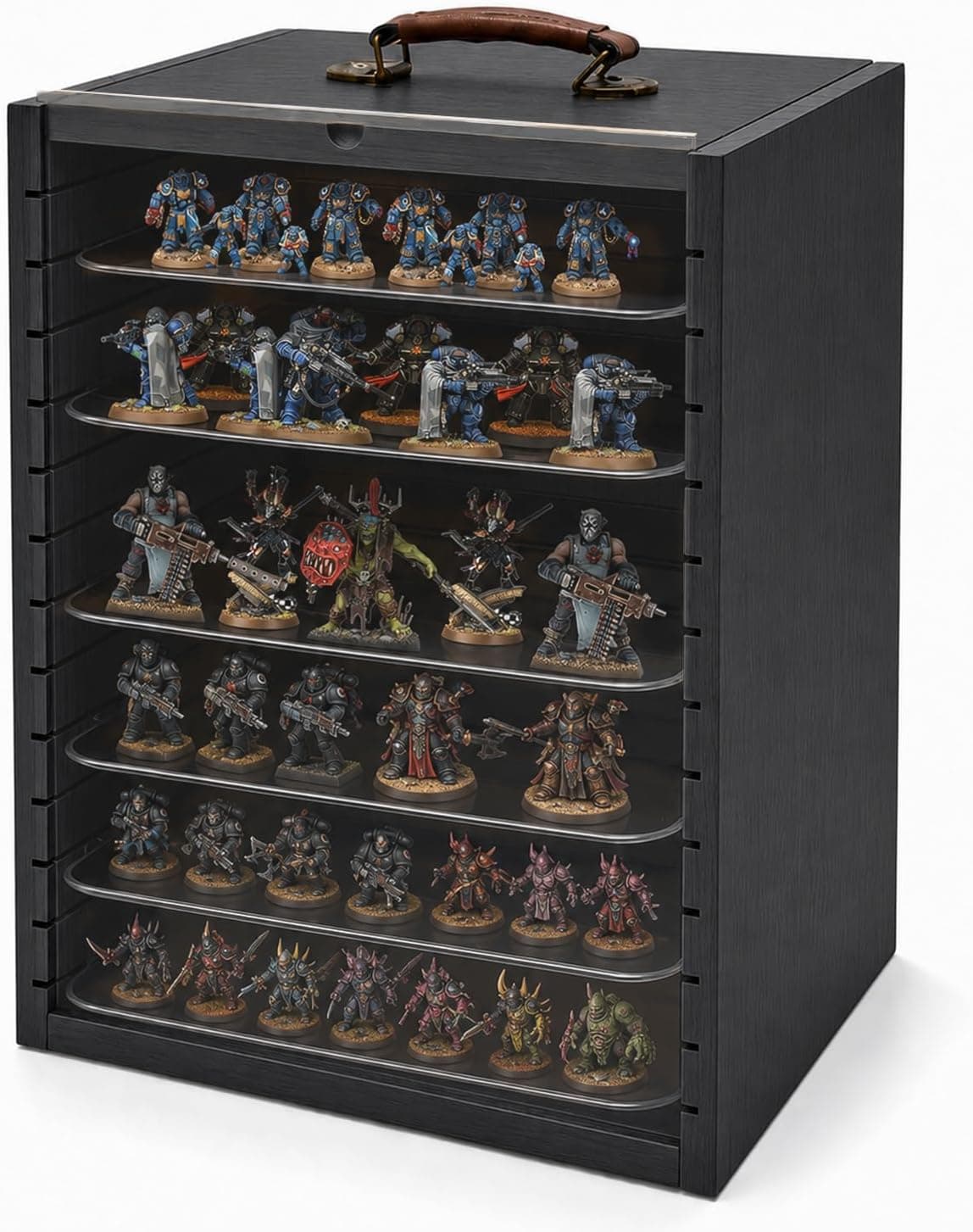 Miniatures Storage Case for Tabletop Wargaming Figurines - Solid Wood, 6 Metal Trays, Transport & Display Case