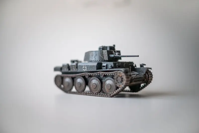 Close-up of a detailed model Panzer tank showcasing WWII design